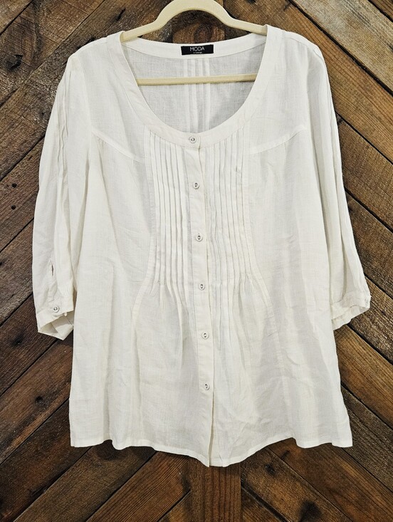 Moda Tops - Moda White Pintuck Button-Front Scoop Neck Linen Blouse Sz US 14